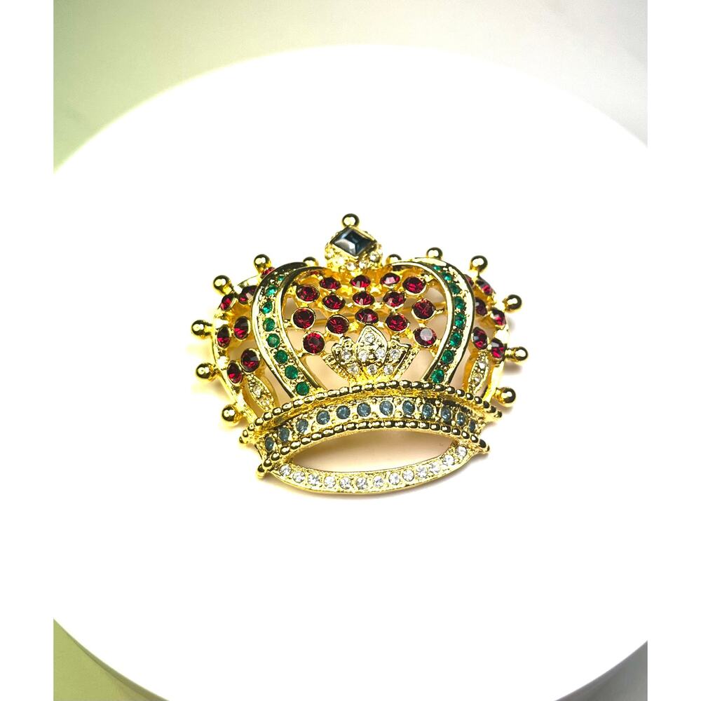 Kenneth Jay Lane Vintage Crown Brooch Pin Gold Tone Red Green Rhinestone